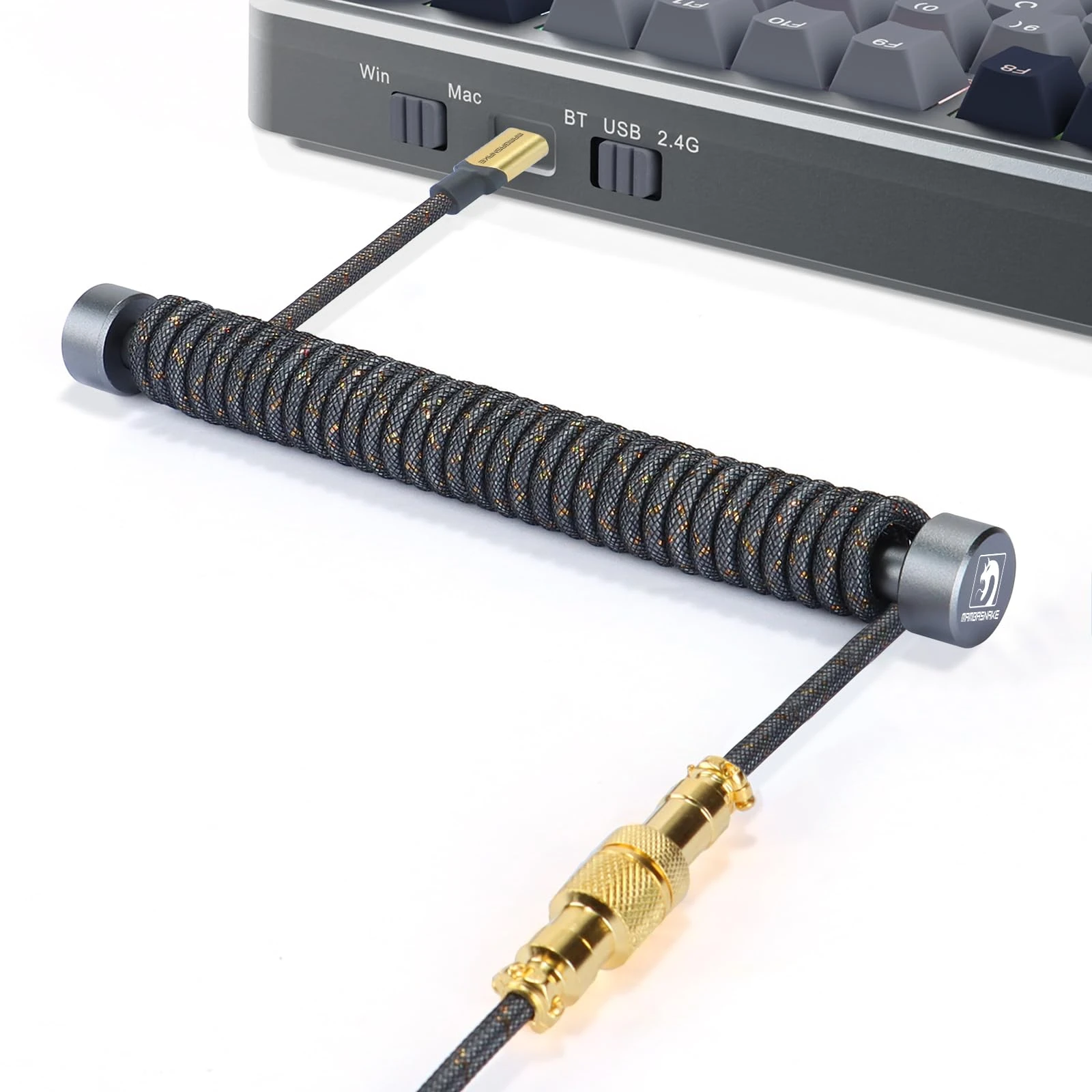 MAMBASNAKE C03 Custom Coiled Keyboard Cable and Metal Aviator Cable Winder Set - Fixed Rod + Braided USB C With 8K Hz Return Rate for Gaming Keyboard/Phone - Grey