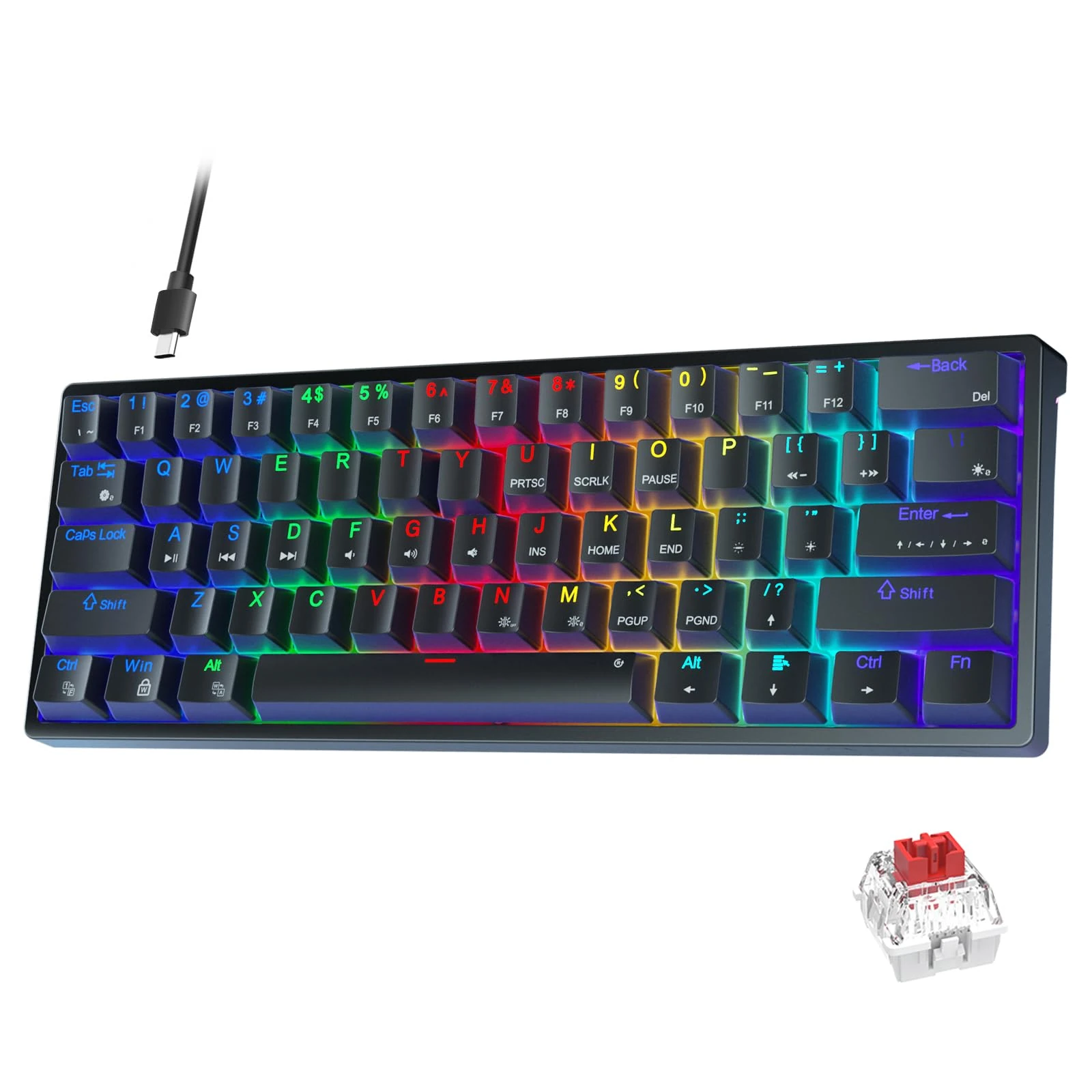 AULA 60 Percent Wired Mechanical Keyboard, Hot Swappable Compact RGB Gaming Keyboards with Red Switches-Black