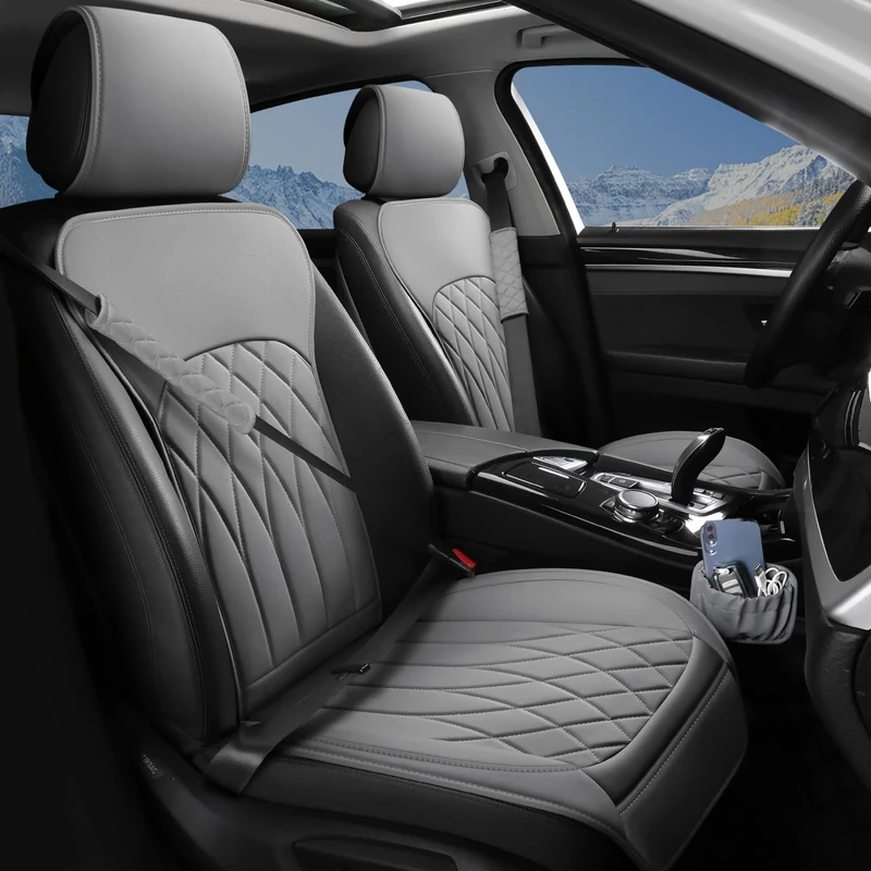 2 Pack Leather Front Car Seat Covers, Universal Sideless Car Seat Protectors with Storage Pocket and Seat Belt Pads, Waterproof Vehicle Seat Cover Automotive Seat Cushions for Cars Trucks SUV(Grey)