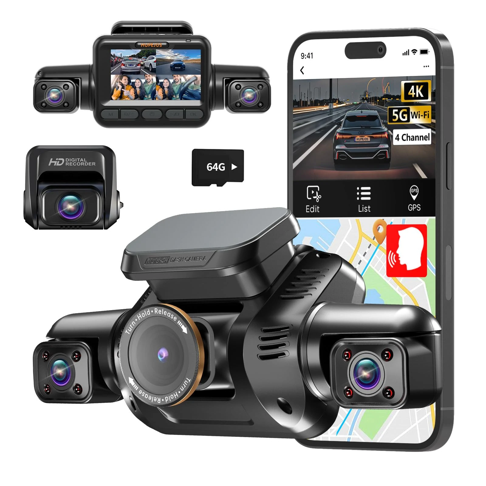 3K Dash Cam 4 Channel, 360° Dashcam Front and Rear Inside, 3K+1080P*3 Dash Cams for Cars, Built-in GPS Car Camera, 5GHz WiFi App Control, Voice Control Dashcam, 64GB SD Card, Night Vision, V8Plus