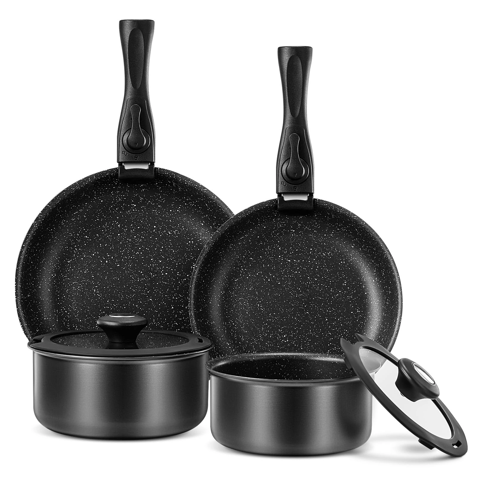 BEZIA Induction Hob Pans Set, Nonstick Pots and Pans Set 10 Pieces, Saucepan Sets with Detachable Handles, Stackable Cookware Set for All Hobs