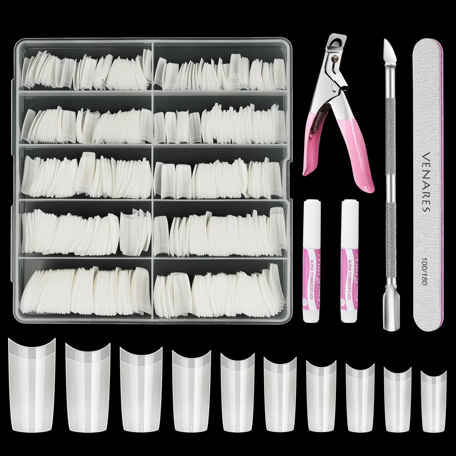 Acrylic Nail Tips Set, Venares 500 Pieces White Nail Tips for Acrylic Extensions Kit Includes Glue, Files, Clippers, Cuticle Pusher - 10 Size
