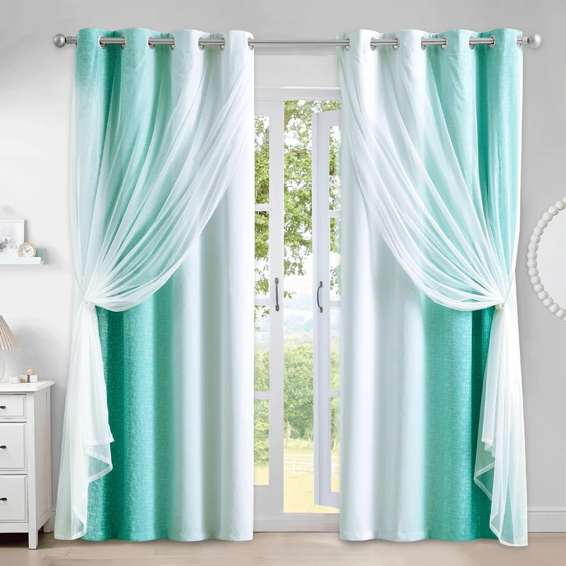 Geomoroccan 100% Blackout Curtains with Sheer Overlay Mix and Match Double Layer Drapes 84 Inch Long 2 Panels for Bedroom Living Room Teal White Ombre Grommet Window Treatment with Tiebacks