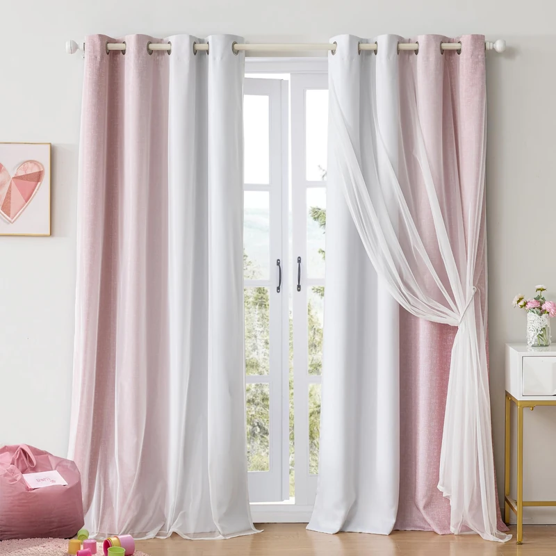 Geomoroccan Ombre 100% Blackout Curtains 96 Inches Long 2 Panels for Girls Bedroom Living Room Pink and White Double Layer Sheer Overlay Mix & Match Grommet Thermal Soundproof Drapes with Tiebacks
