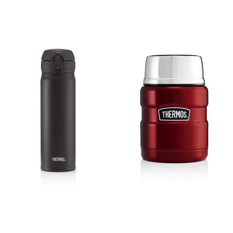 Thermos Super Light Direct Drink Flask, Matt Black, 470 ml & 184807 Stainless King Food Flask, Cranberry Red, 0.47 L
