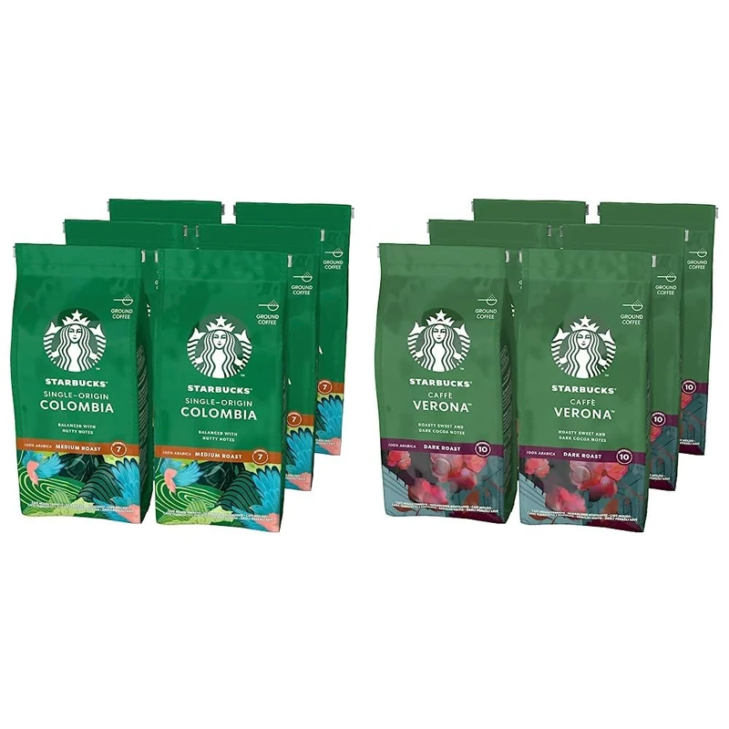 STARBUCKS Single-Origin Colombia Medium Roast Ground Coffee, 200 g (Pack of 6) & Caffè Verona Dark Roast Ground Coffee, 200 g (Pack of 6)