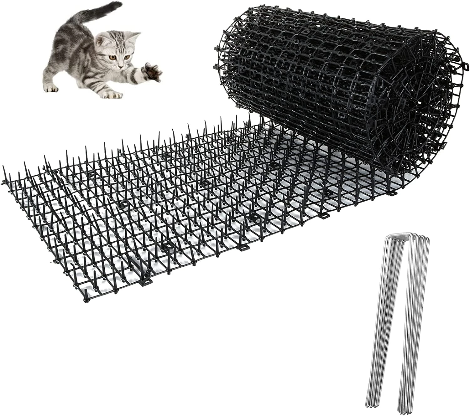 Anti Cat Spikes 200x28cm Plastic Cat Scat Mat with Spikes Anti Cat Mat Repellent Mat with Spikes Cat Scat Mats with Prickle Stirp Pet Deterrent Net with 8 U-shaped Pegs for Garden, Fence