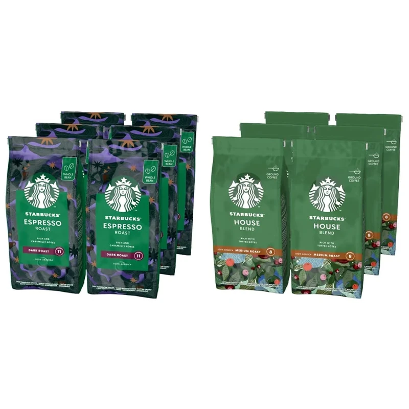 STARBUCKS Espresso Roast Dark Roast Whole Bean Coffee, 200 g (Pack of 6) & House Blend Medium Roast Ground Coffee, 200 g (Pack of 6)