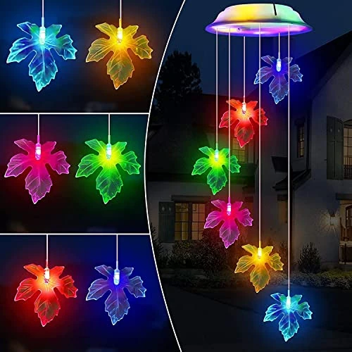 Fohil Solar Wind Chimes, Maple Leaf Color Changing Solar Lights Outdoor Waterproof Hanging LED Multi-Color Wind Chime Lights, Gift for Mom, Grandma, Christmas Outdoor Patio Garden Decoration