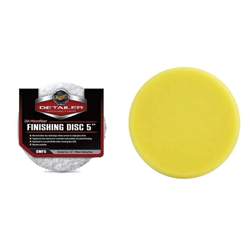 Meguiar's DMF5 Detailer DA Microfibre Finishing Disc 5" (2 Pack), White & DFP5 5 Inch DA Foam Polishing Disc Yellow