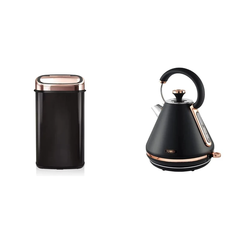 Tower T80904RB Kitchen Bin with Sensor Lid, Automatic Soft-Close, 58 Litre, Black and Rose Gold & T10044RG Cavaletto Pyramid Kettle with Fast Boil, Detachable Filter, 1.7 Litre, 3000 W