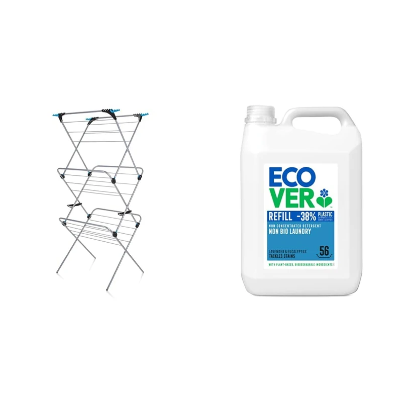 Minky 3 Tier Plus Clothes Airer & Ecover Non Bio Laundry Liquid Refill, 5 L - Image 1