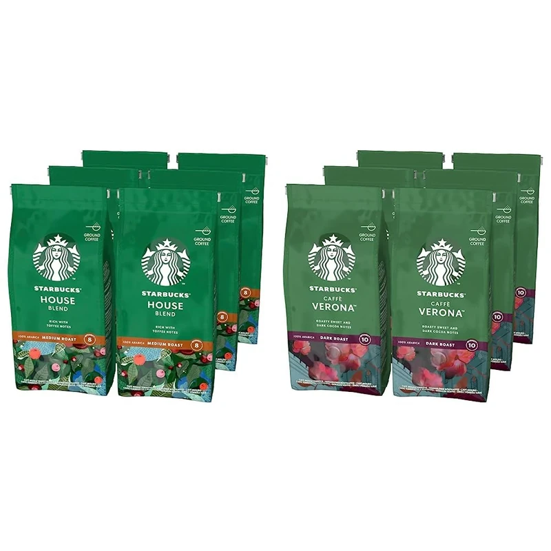 STARBUCKS House Blend, Medium Roast, Ground Coffee 200g (Pack of 6) & Caffè Verona Dark Roast Ground Coffee, 200 g (Pack of 6)