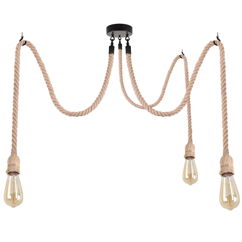 LEDSONE Hemp Rope Retro Pendant Lighting, Industrial E27 Lamp holder 2m Spider Rope Ceiling Hanging Spider Pendant Light Fitting for Living room Bed room Restaurant (3 way with bulb)