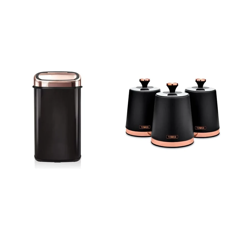 Tower T80904RB Kitchen Bin with Sensor Lid, Automatic Soft-Close, Manual Override, 58 Litre, Black and Rose Gold & T826131BLK Cavaletto Set of 3 Storage Canisters, Black and Rose Gold