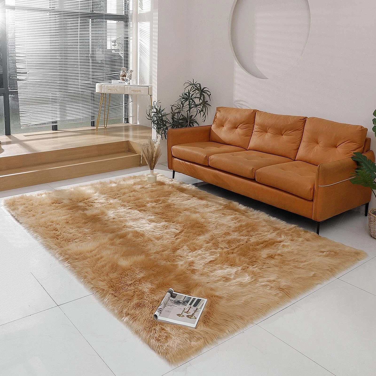 linmopm Super Soft Fluffy Faux Fur Sheepskin Rugs Bedroom Floor Sofa Living Room Runner High-Density Cushion Plush Carpet Sofa Cover Bedside Rugs (Beige, 6x9 ft Rectangle)