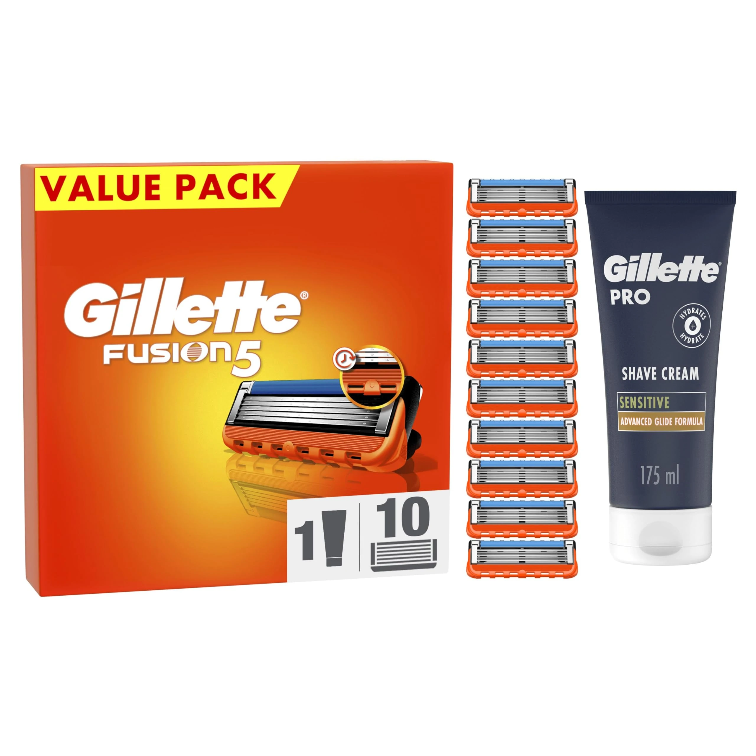 Gillette Fusion5 Razor Refills for Men, 10 Razor Blade, PRO Shaving Cream 175ml, Manual Shaving Set Men, Refills use 5 Blades & Precision Trimmer Design for Smooth Shave