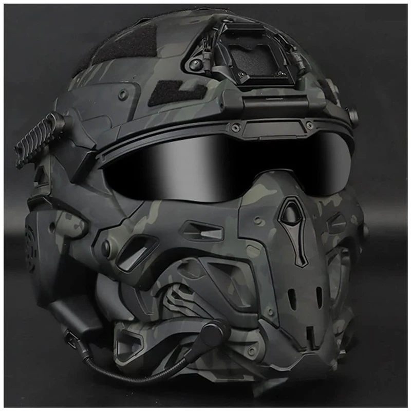 REMEK Tactical Protective Helmet, Fast Airsoft Tactical Helmet With Removable Mask Airsoft Paintball Integrated Protective Helmet With Camera Holder/HD Earphone/Anti-fog Fan