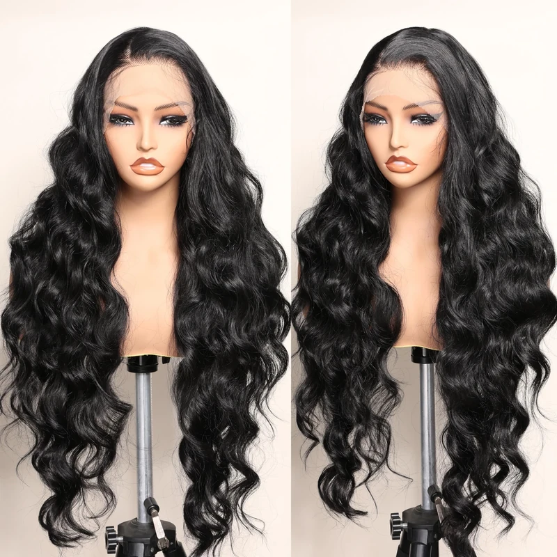 SOKU Black 13x6 Lace Frontal Wig 32 Inches Long Lightweight Body Wave Pre Plucked Hairline with Baby Hair Transparent Swiss Lace Heat Resistant Synthetic Hair Glueless Lace Front Wigs for Black Women