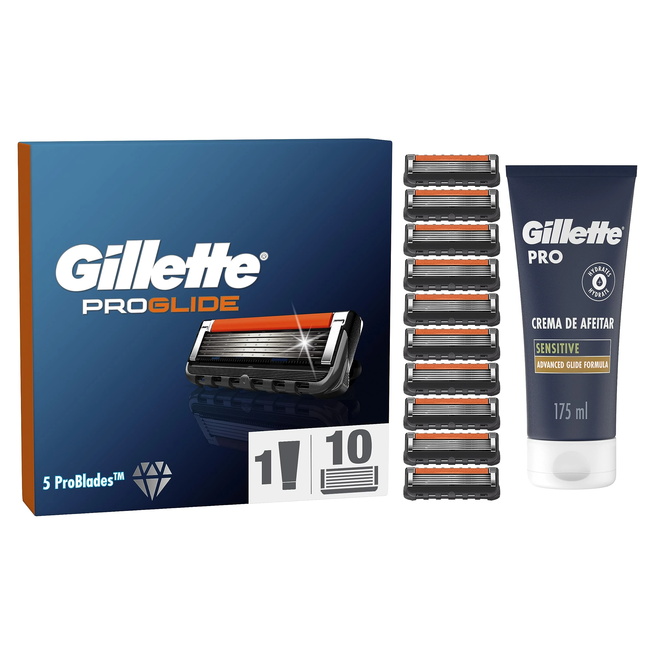 Gillette ProGlide Regime Set Men, Pack of 10 Razor Blade Refills with Precision Trimmer and Gillette PRO Shaving Cream