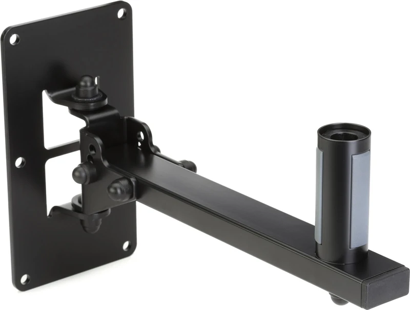 K&M 24169 Speaker Wall Mount with Three-Stage Tilt, 120° Swivel, Black Steel, Flange Socket, up to 37 mm Diameter