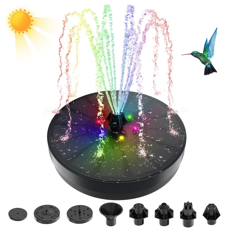 Solar Fountain Pump, 3 W Solar Water Fountain with 8 Types of Nozzles and 7 Colourful LED Lights, Floating Solar Powered Pond Pump for Bird Bath, Aquarium, Pond, Pool, Garden Decoration