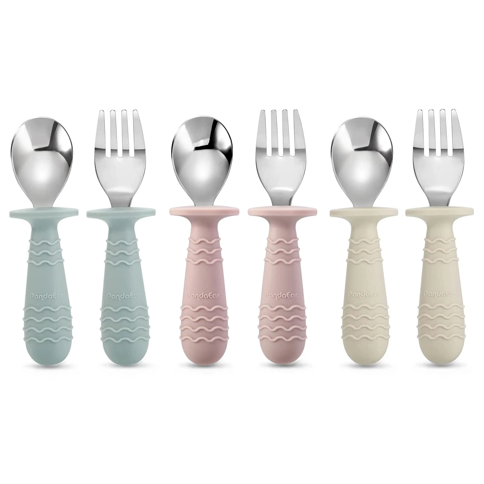 PandaEar 6 Pieces Baby Toddler Silicone Stainless Steel Utensils Silverware Spoon Fork for Baby Toddler BPA Free with Silicone Holding Anti-Choke Design (Blue Pink White)