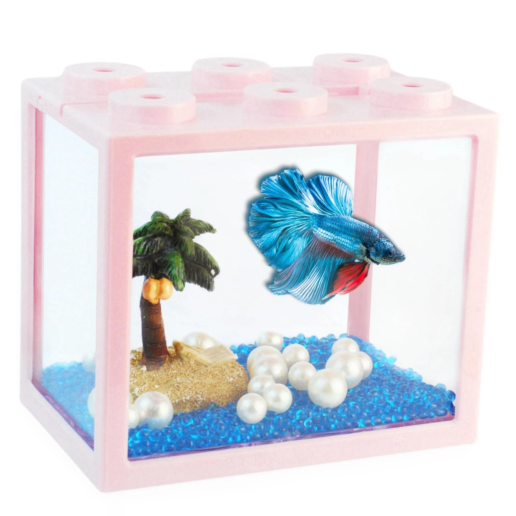 Small Betta Fish Tank, Stackable Mini Aquarium Tank Kit with Aquarium Gravel Pearl Decoration, 3/5 Gallon Fish Bowl Tiny Cube Tank for Seaweed Balls Sea Monkeys,Pink