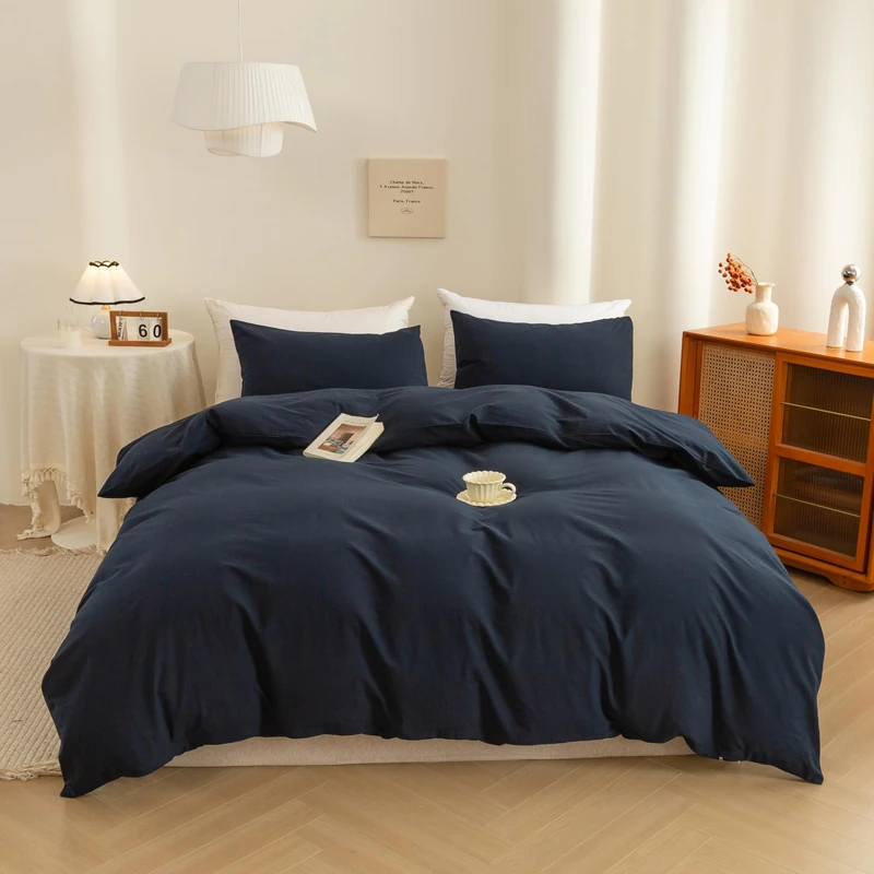 ECOCOTT Navy Blue Duvet Cover California King Size - 100% Washed Cotton Durable Soft Comfy Duvet Cover Set, 3 Pieces Duvet Cover with Zipper Closure (Navy Blue, 104''x98'')