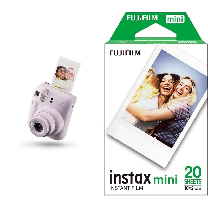 instax mini 12 instant film camera, auto exposure with Built-in selfie lens, Lilac Purple & Fujifilm mini instant film White Border, 20 shot Pack, suitable for all mini cameras and printers