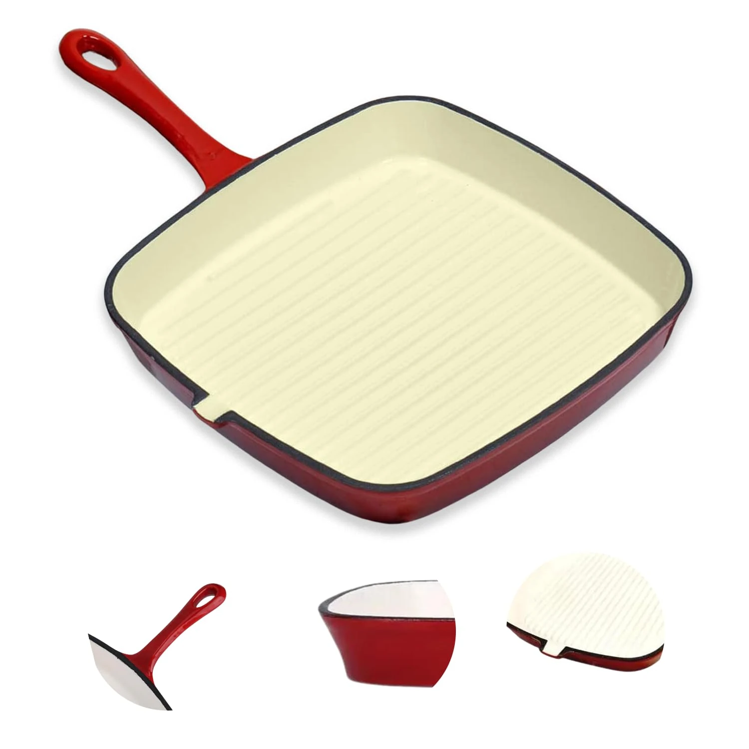 24cm Cast Iron Square Griddle Frying Pan | Pre-Seasoned Non Stick 260°C Oven Proof Skillet Cookware Set All Hob | Easy Grip Handle (H&T-04)