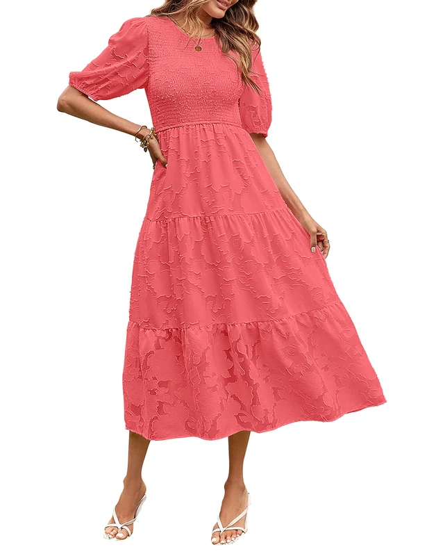 Merokeety Women's 2023 Summer Puff Sleeve Smocked Floral Dress Crewneck Lace Flowy Tiered Midi Dresses, Watermelon, M