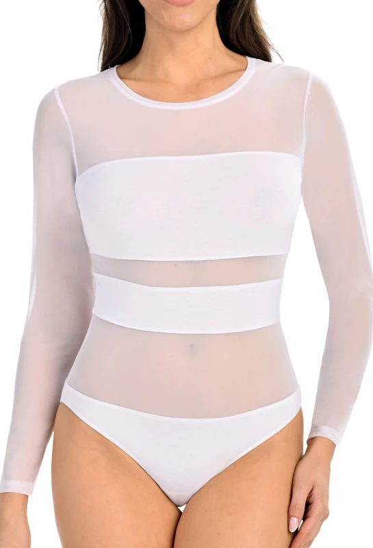 Teyli Bodysuit Long Sleeve - Women's Bodysuits with Mesh - Body Suits Women with Round Neck - Elegant & Comfortable Fit for Any Occasion White 8 - Image 1