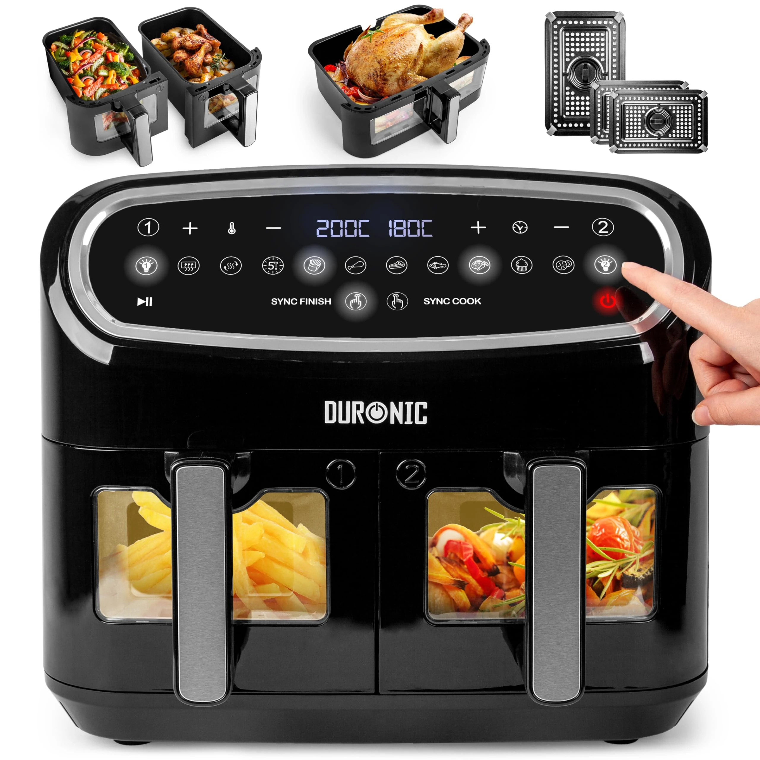 Duronic XXL Air Fryer AF34 BK 10L Digital Family Size Air Fryers Oil Free Triple Drawers 10in1 Dual Zone Extra Large AirFryer for Family Cooking with Dishwasher Safe Non-Stick Baskets Black