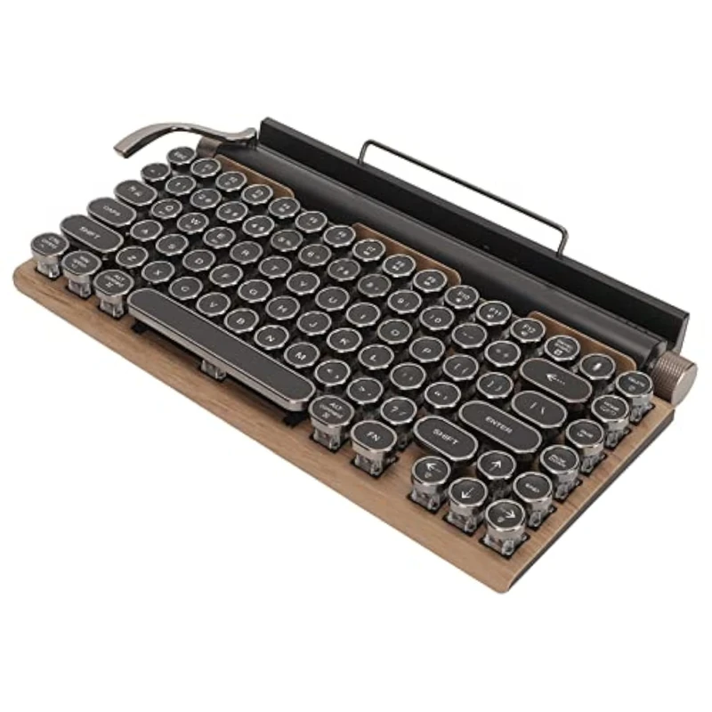 Mechanical Gaming Keyboard, Typewriter Retro Punk Gaming Keyboard, Bluetooth Keyboard with Metal Round Keycap & Backlit, 83 Keys Blue Switch Electric Typewriter (Wood