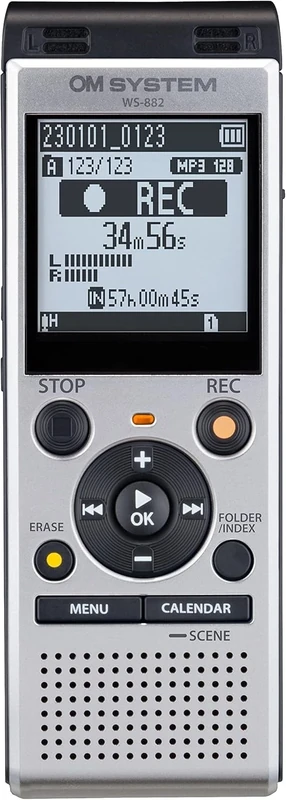 OM SYSTEM WS-882 Digital Voice Recorder – Stereo Microphones, 4GB Memory, 6 Recording Modes, Direct USB, Voice Filter, Long Battery Life, Voice Balancer, Easy Operation