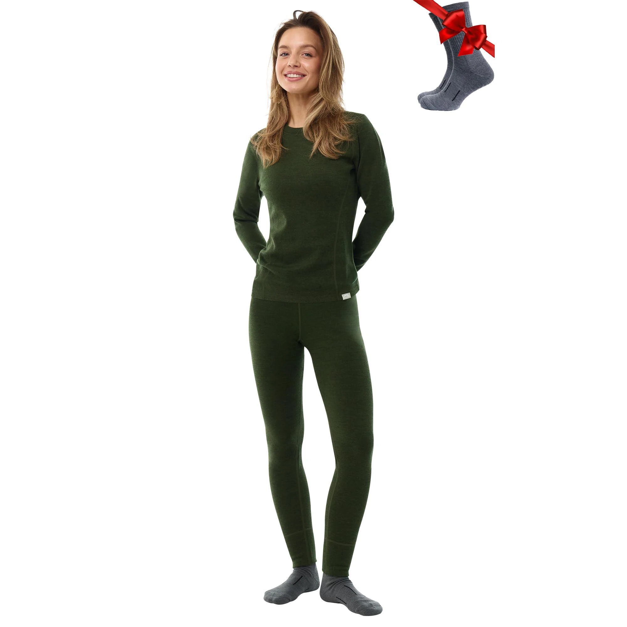 Merino.tech Merino Wool Base Layer Womens Set - Merino Thermal Underwear Womens Top and Bottom Lightweight, Midweight, Heavyweight (Medium, 320 Army Green)