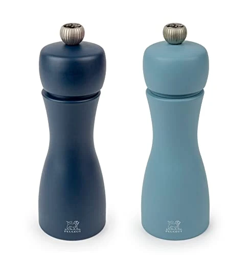 Peugeot - Tahiti Air Duo Pepper Mill + Salt Mill 15cm - Includes Black Pepper and Rock Salt - Classic Adjustment - PEFC Certified Wood - Made in France - Midnight Blue and Azure Color