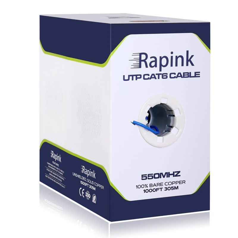 Rapink Cat6 Ethernet Cable 1000ft, Cat6 ethernet Cable 23AWG Solid Bare Copper 10G Support, UTP cat6 Cable 550MHZ, cat 6 Cable 1000ft POE Support Blue