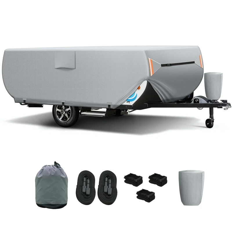 SILIVN Pop Up Folding Trailer Camper Cover fits 12'-14', 420D Oxford Material Heavy Duty Protection Waterproof Trailer Cover, Anti-UV Windproof All Season Pretcion for RV Motorhome
