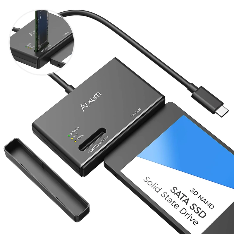 Alxum NVME M.2 and SATA Adapter with Protective Covers - 10Gbps Tool-Free Hard Drive Reader for NVMe M.2 and 2.5/3.5'' SATA SSD, Supports Simultaneous Dual-Drive Operation