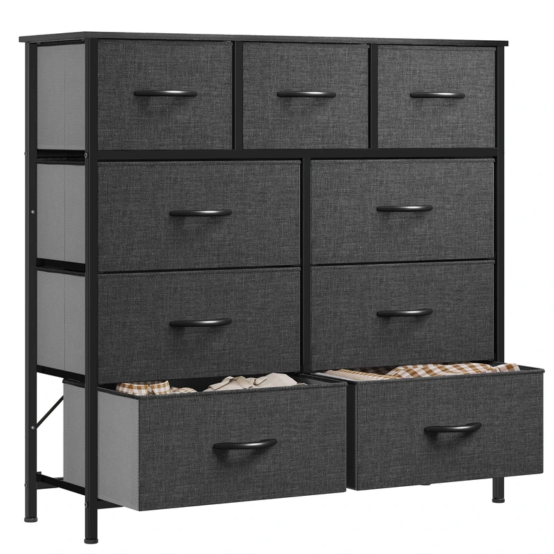YITAHOME Chest of Drawer, Fabric Dresser with 9 Drawers, Organizer Unit for Bedroom, Living Room, Hallway, Closets - Sturdy Steel Frame, Wooden Top & Easy Pull Fabric Drawer (Black Grey)