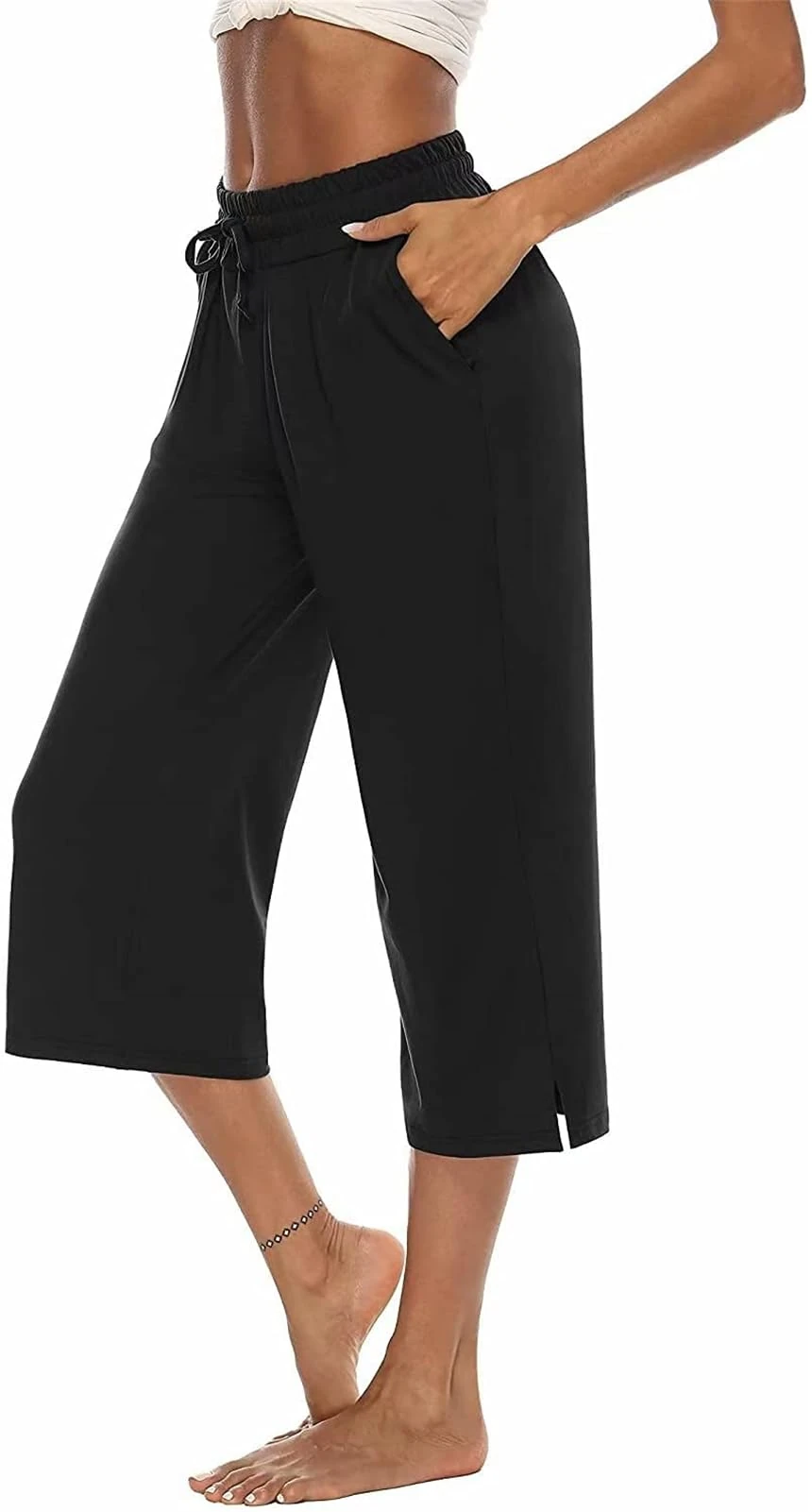 ASKSA Womens 3/4 Capri Pants Wide Leg Crop Trousers Jogging Yoga Loose Comfy Lounge Drawstring Sweatpants with Pockets(Black,S)