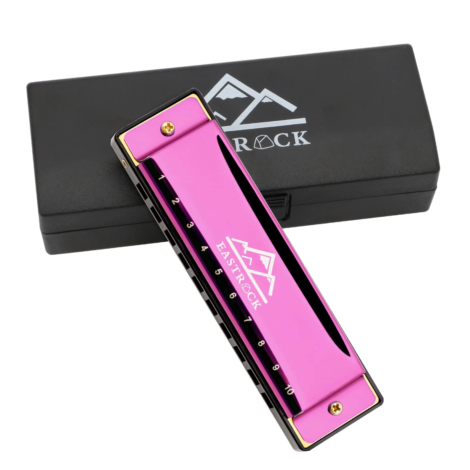 EastRock Harmonica - 10 Hole, 20 Tunes, Key of C, Mouth Organ for Beginners - Mini Blues Harmonica with Case and Cleaning Cloth (Pink)