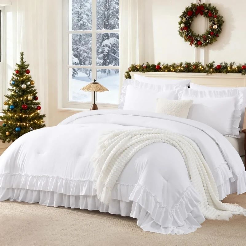 Andency White Comforter Set Queen Size, Lightweight Fluffy Farmhouse White Ruffle Bedding Set, Soft Microfiber All Season Shabby Chic Bed Comforter Set 3 Pieces(1 Ruffle Comforter 2 Pillowcases)