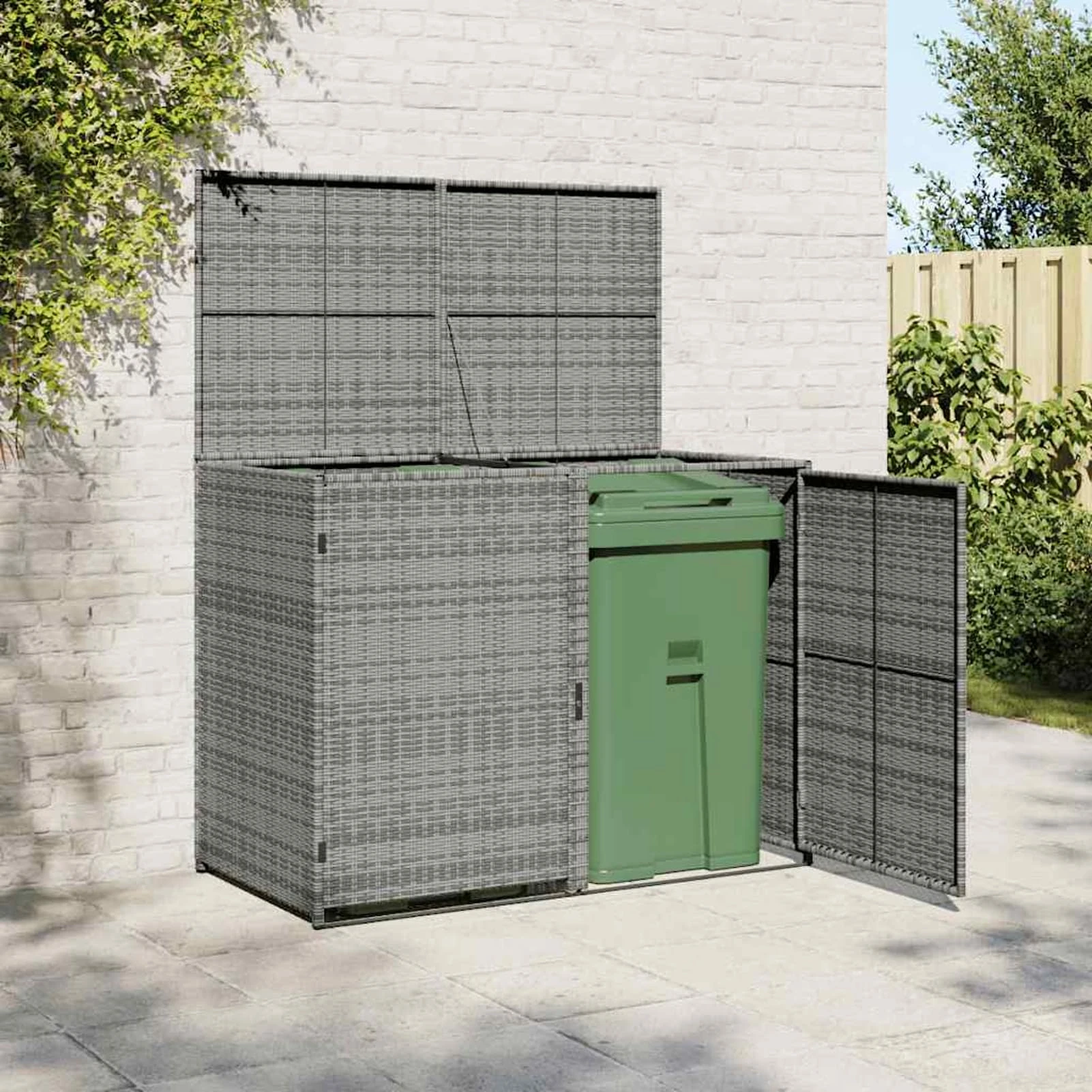Keketa Double Wheelie Bin Shed, Durable Metal Wheelie Bin Storage Shed Hideaway, Rattan Effect Dustbin Sheds, Outdoor Patio Garden Container Cover Lockable Anthracite 148x77x111 cm