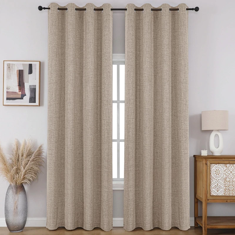 CUCRAF Full Blackout Window Curtains 90 inches Long, Faux Linen Look Thermal Insulated Grommet Drapes Panels for Bedroom Living Room, Set of 2 (52 x 90 inches, Light Khaki)
