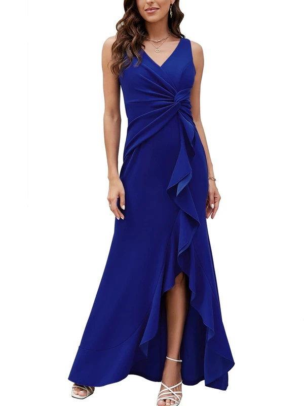 FQA Long Black Evening Gowns for Women Formal Dresses for Women Evening Party Elegant V Neck Sleeveless Split Wrap, Royal Blue, S