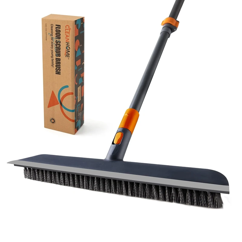 Floor Scrubbing Brush with Metal Telescopic Handle - Extends to 59 inches,14.96-inch Head Features Stiff Bristles and Rubber Squeegee for Cleaning Water Marks from Indoor Floors