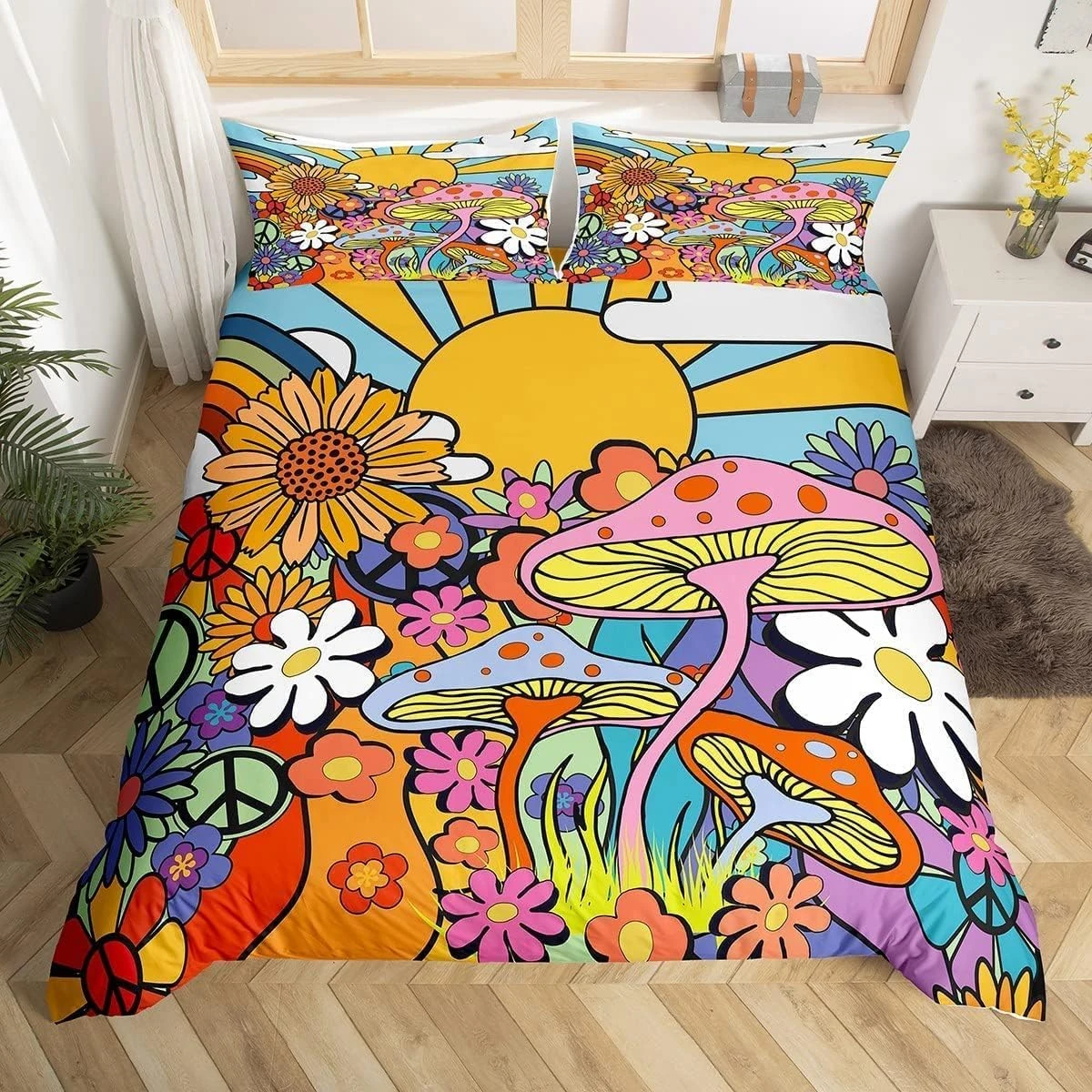 Kawaii Mushroom Double Duvet Cover Boho Sun Comforter Cover Hippie Groovy Floral Bedding Set 60S 70S Retro Vintage Theme Quilt Cover Chic Daisy Flower Geometric Striped Decor